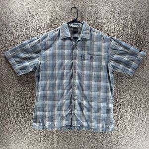 FUBU Shirt Mens Large Blue Plaid Short Sleeve‎ Button Up Hip Hop Streetwear Logo